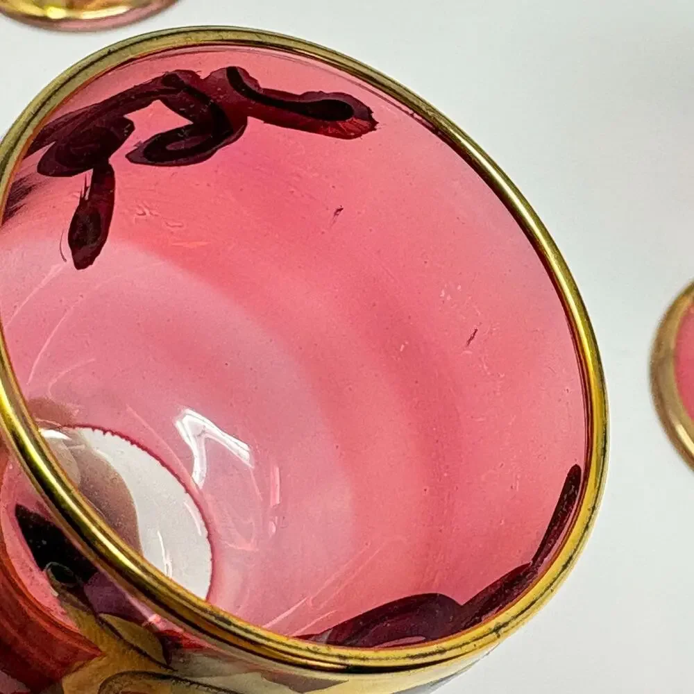 Set 6 Vtg Bohemian Cranberry Shah Qajar Persian King Cordial Glasses Gilt Red - Picture 8 of 9